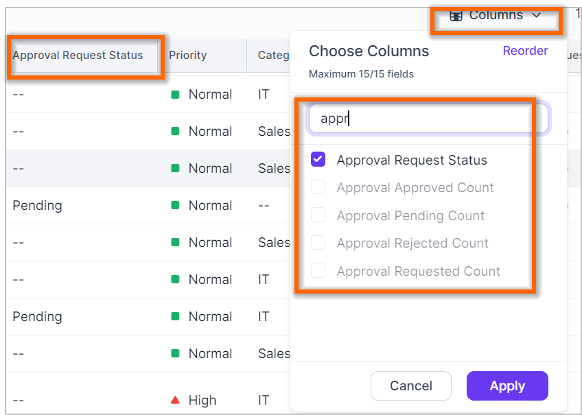 Dropdown menu over data table for column selection with 'Approval Request Status' checked
