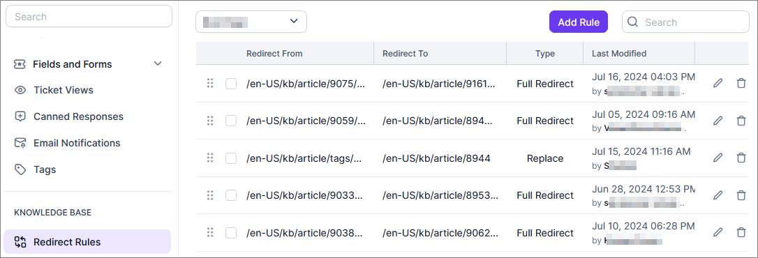 Webpage screenshot showing redirect rules table with URLs, types, dates, and an ‘Add Rule’ button highlighted