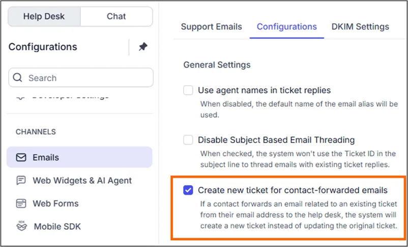Email configuration screen showing the enabled option to create new tickets from contact‑forwarded emails.