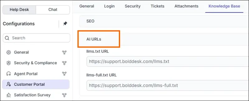 Knowledge Base settings screen showing AI URLs including the llms.txt and llms‑full.txt configuration fields.