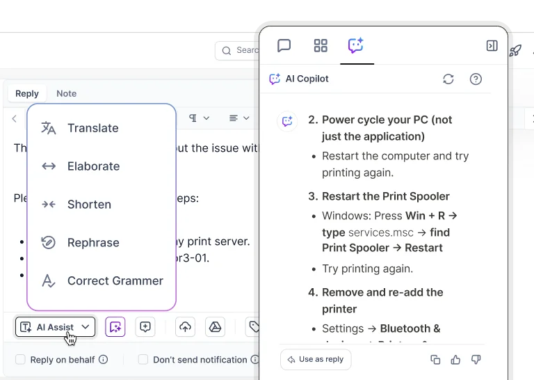 AI Copilot panel suggesting troubleshooting steps next to the AI Assist menu in the ticket reply editor