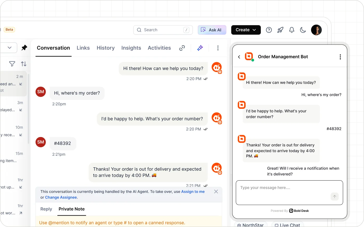 BoldDesk AI bot provides real-time order tracking via live chat using automated AI support workflows.