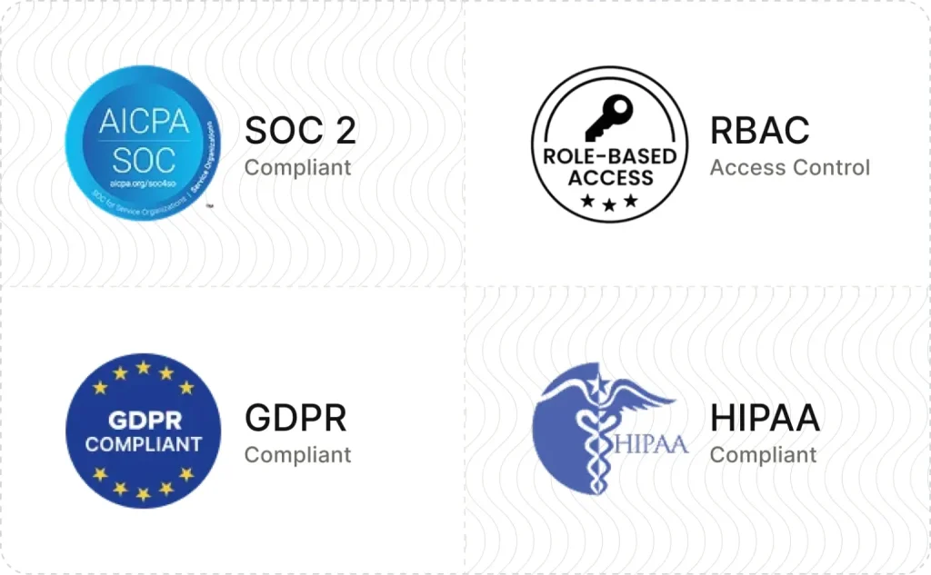 Enterprise-grade security and compliance certifications: SOC 2, RBAC, GDPR and HIPAA