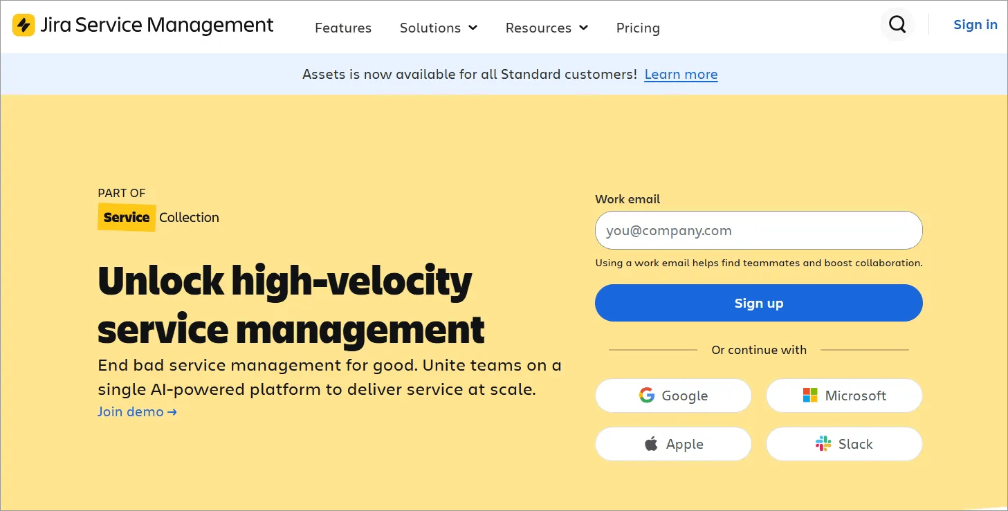Jira Service Management homepage promoting AI-powered service management, team collaboration, and workflow automation.