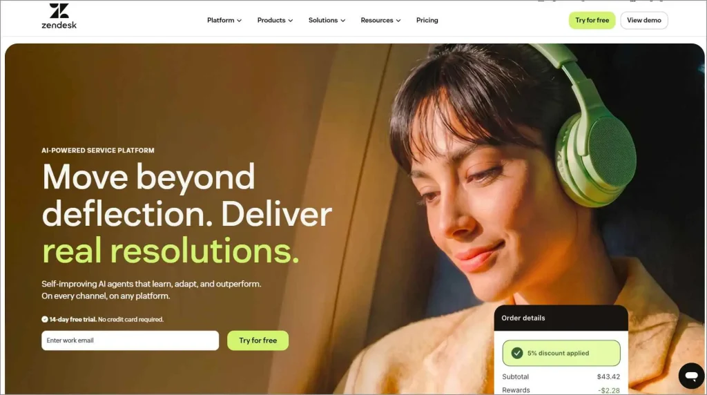 Zendesk customer support platform highlighting AI-powered service, automated ticketing, and customer resolution tools.