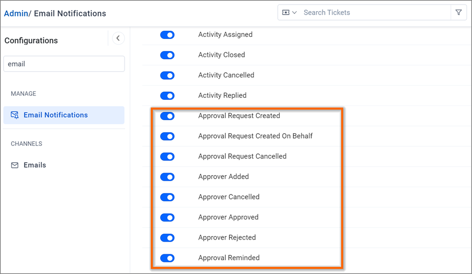 Admin panel showing email notification settings with toggles for approval request and approver added