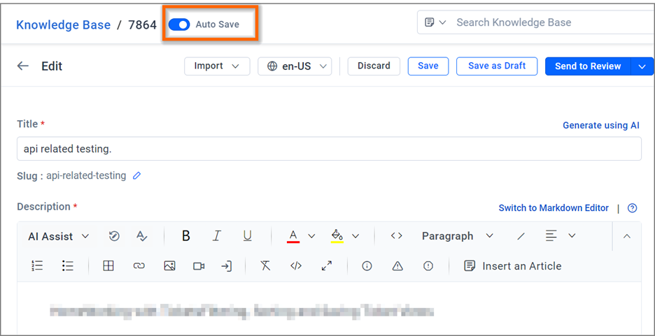 Knowledge base article editing interface with Auto Save enabled, title and description fields, and a formatting toolbar