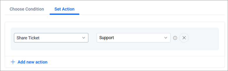 User interface with Set Action tab selected, showing options to share a ticket to Support and add new action