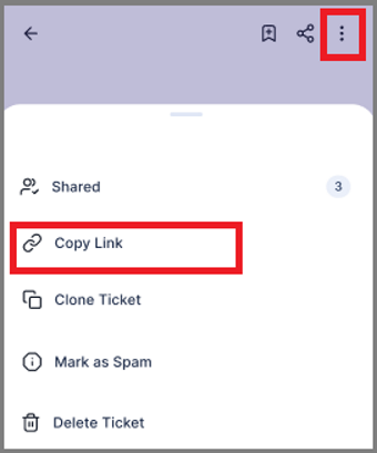 Bolddesk UI menu on light purple background with options; "Copy Link" highlighted in red border