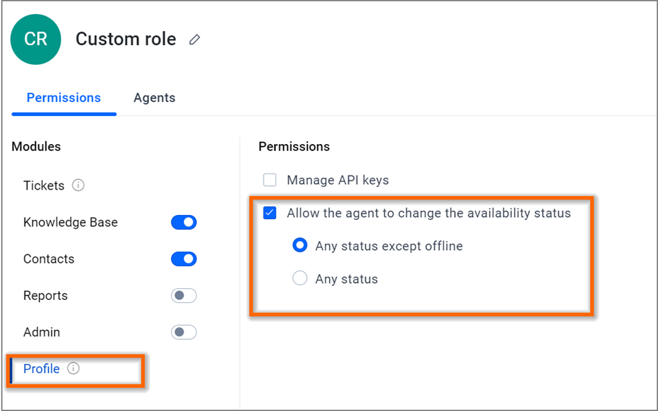 Settings interface showing custom role Profile with toggles for Tickets, Knowledge Base, and Contacts