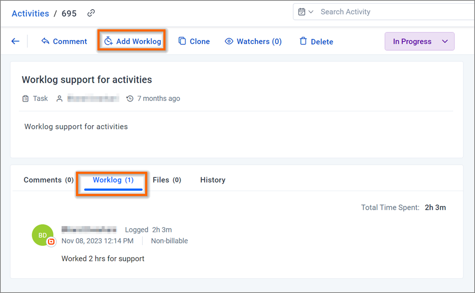 Activity dashboard showing task worklog with 2h 3m logged and options to add, clone, or delete entries.