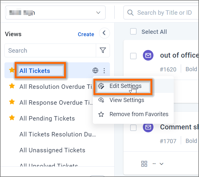 Bolddesk user interface showing ticket management screen with 'All Tickets' highlighted and menu options like Edit and View
