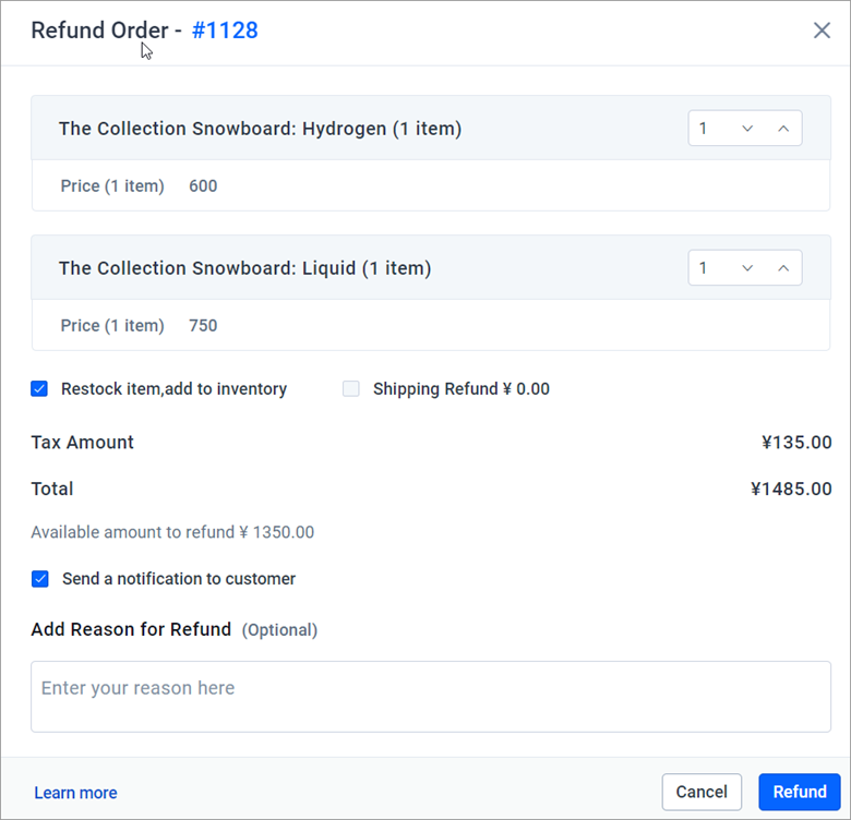Refund Order screen for refund #1128 showing Hydrogen and Liquid snowboards with restock and notification options checked