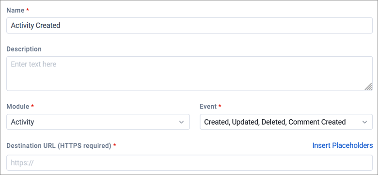 Form setup interface with fields for Name, Description, Module set to Activity, event options, and Destination URL