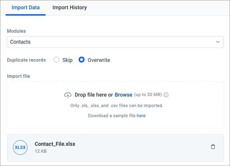 Import data screen with options to upload contact files, select modules, manage duplicates, and an XLSX file uploaded