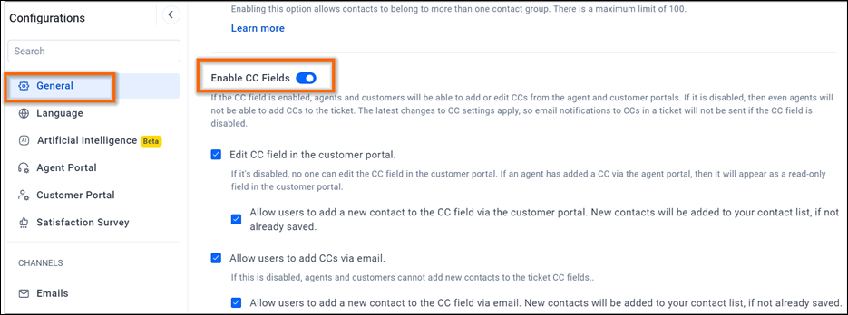 Settings screen with 'General' highlighted, CC Fields toggle enabled, and options to edit or add CCs in portals and email.