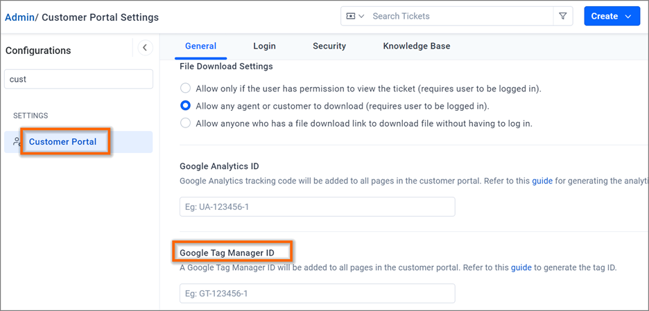 Admin panel showing Customer Portal settings with options for file download permissions, Google Analytics ID, and Tag Manager ID.