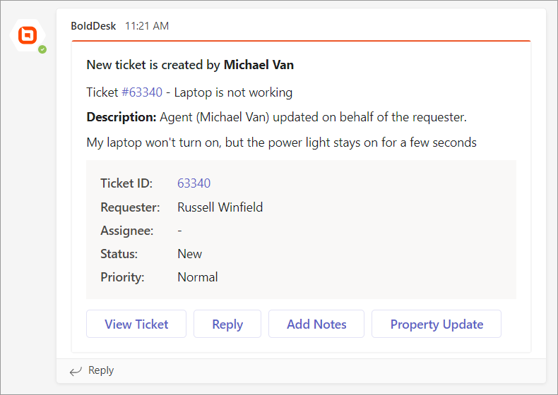 BoldDesk help desk interface showing new ticket from Michael Van about laptop issue with status and action options.