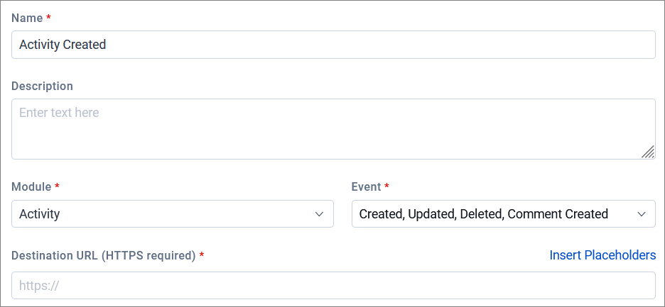 Interface showing form setup fields and dropdowns for module and event selection with destination URL input