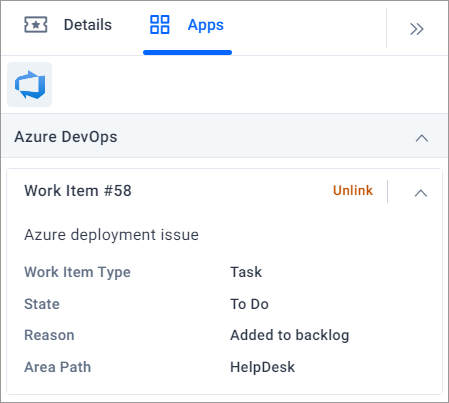 Azure DevOps interface showing Work Item #58 titled Azure deployment issue in To Do state under HelpDesk area