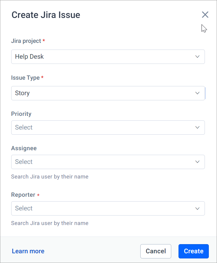 User interface for creating a Jira issue with fields for project, type, priority, assignee, reporter, and action buttons