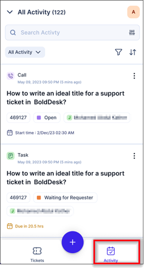 Smartphone interface with activity log listing 122 entries, including call and BoldDesk ticket title task