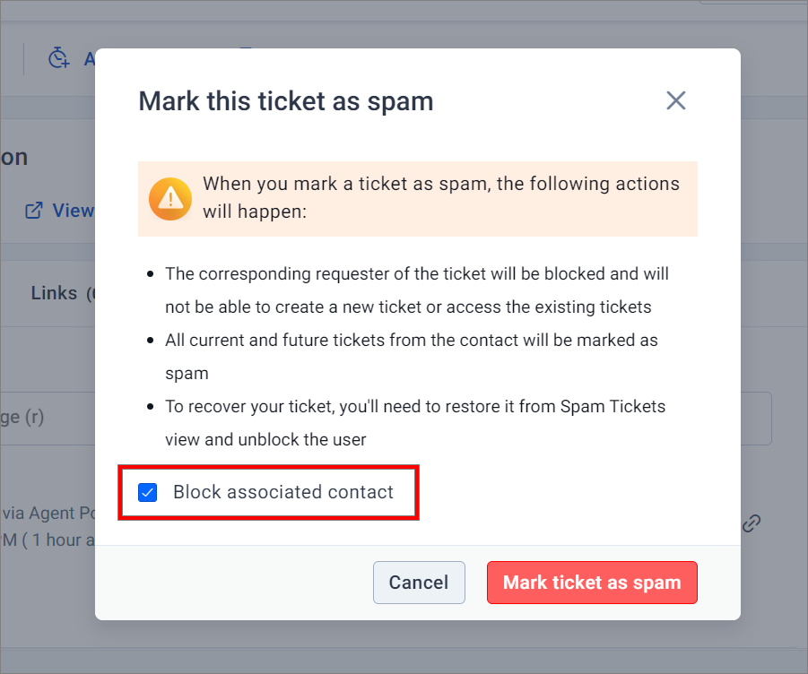 Spam Ticket Dialog