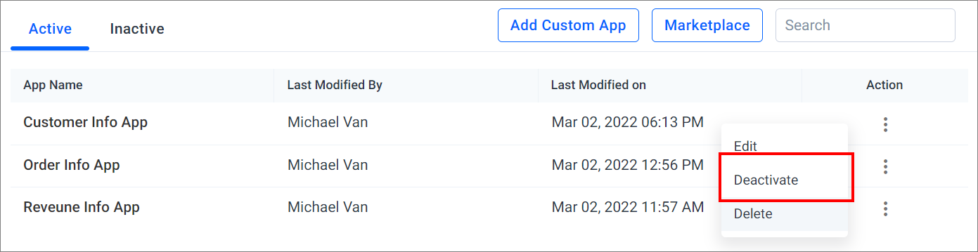 Deactivate Custom App Option