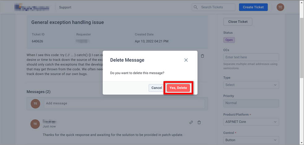 Yes, Delete Message Pop-up