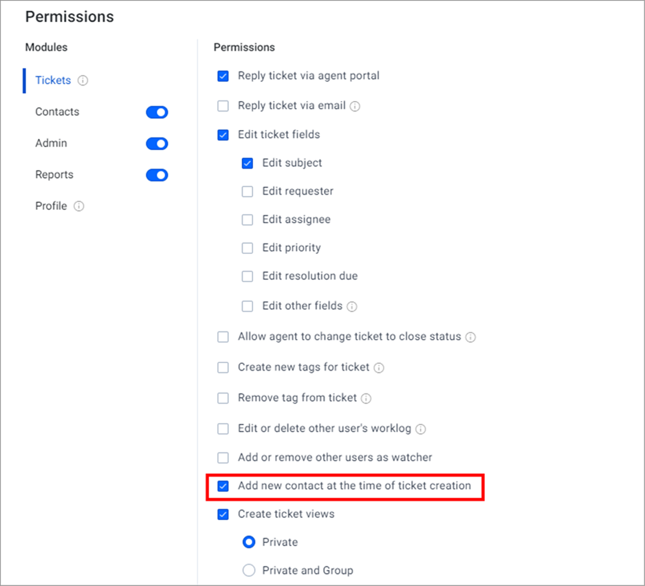 Add New Contact at the Time of Ticket Creation Permission