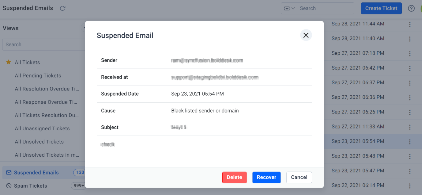 Suspended Emails Dialog Box