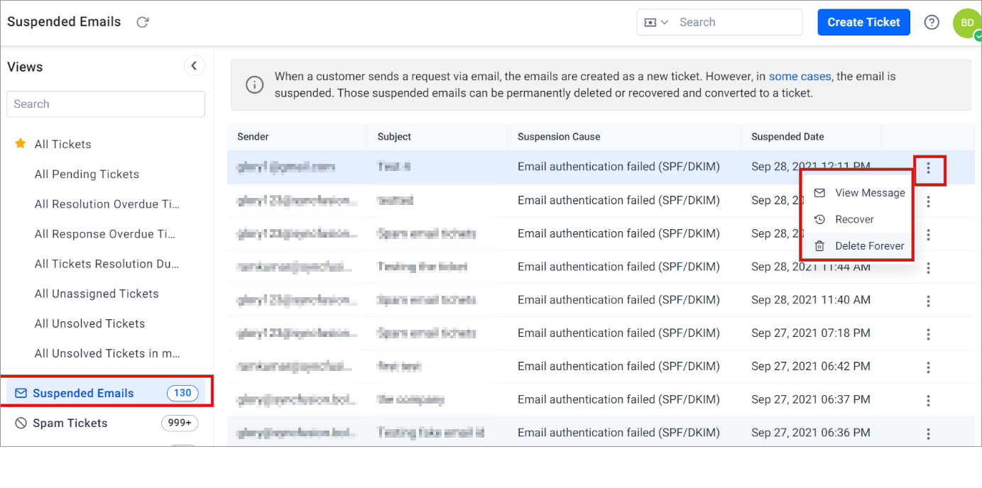 Suspended Emails Page