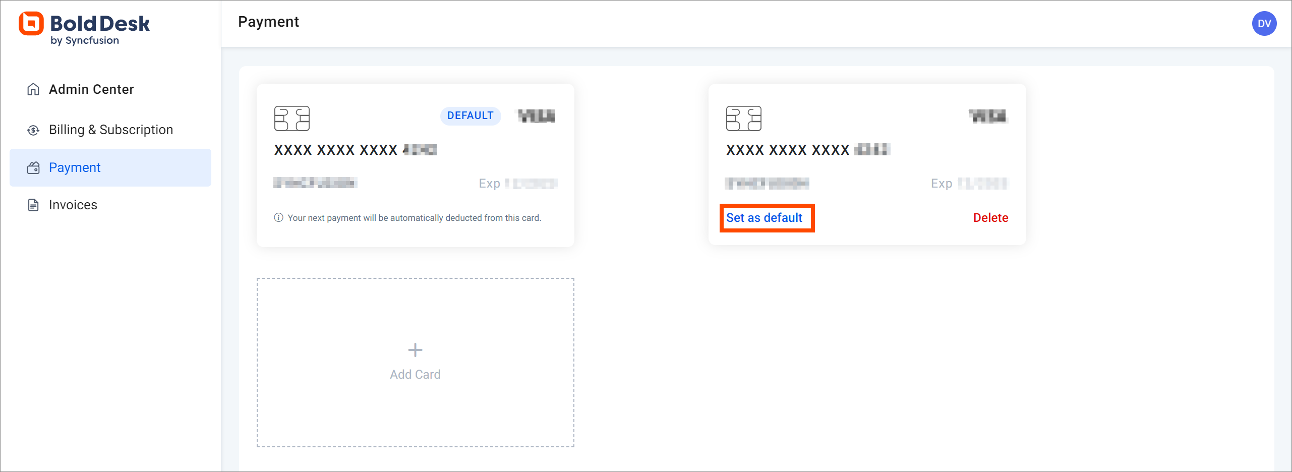 Set as Default Option on the Card