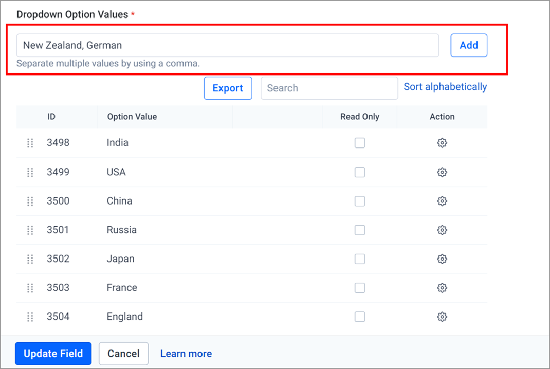 Dropdown Option Values Field