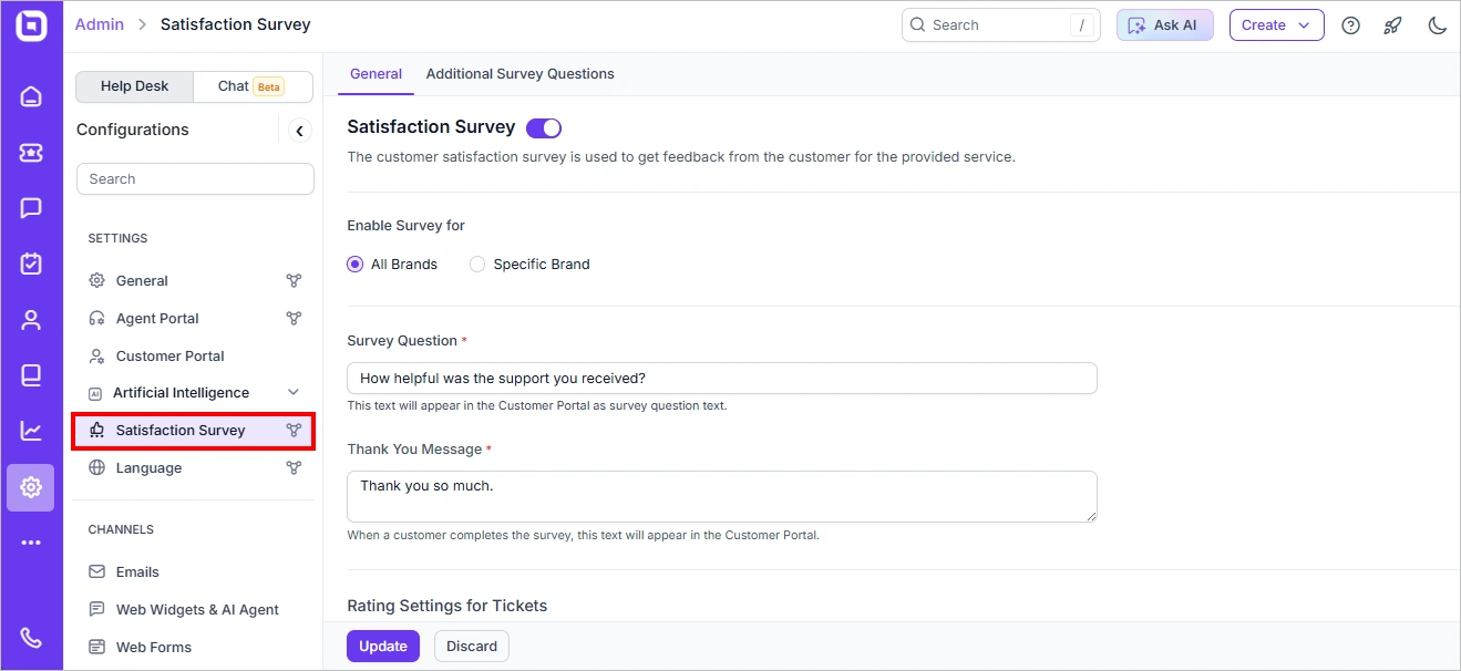 Help desk satisfaction survey dashboard in BoldDesk showing options for enabling surveys.