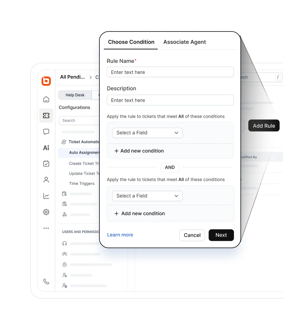 Workflow automation builder with rule conditions, ticket criteria, and agent assignment settings
