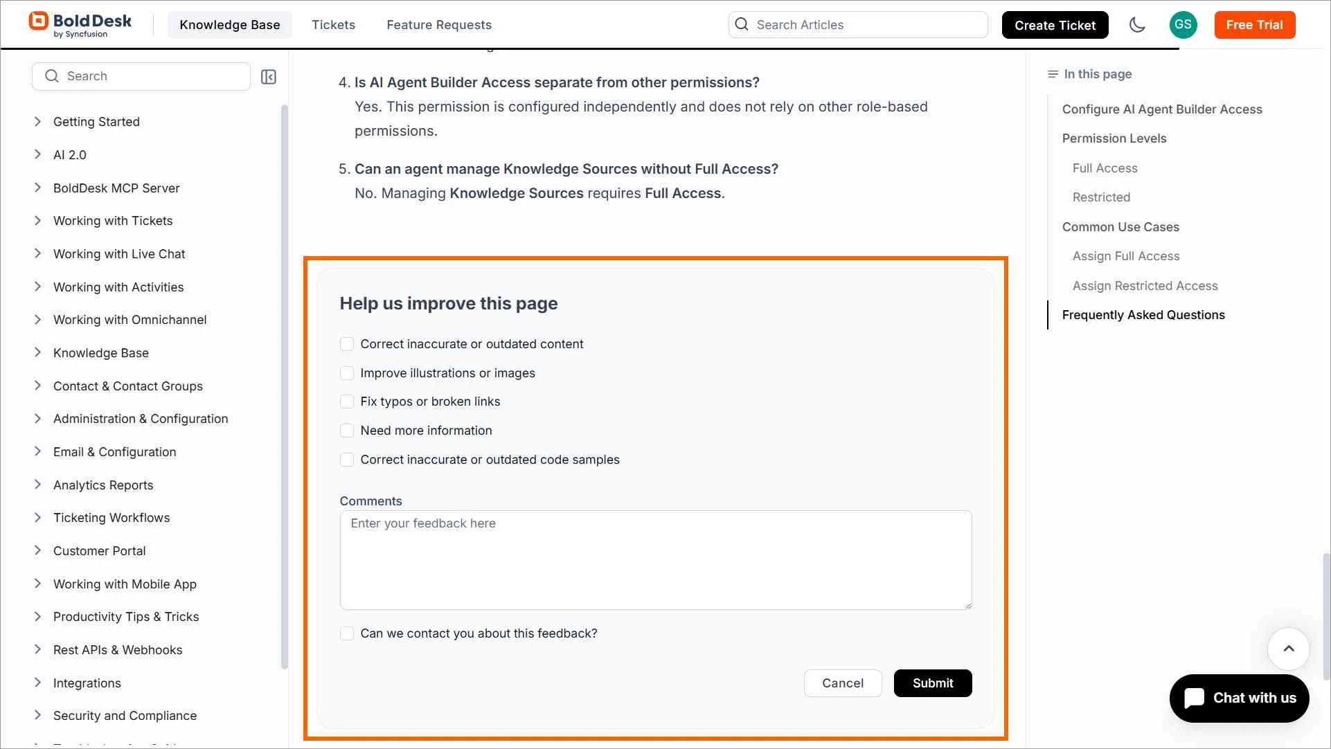 BoldDesk knowledge base feedback page with bordered form, white background, and black navigation panel