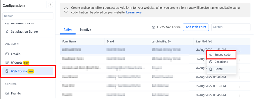 Embed Code on the Web Form's List Page