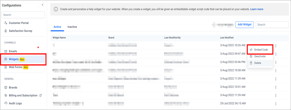 Embed Code Option in the Widget's List Page