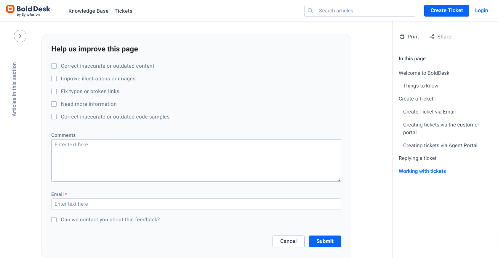 BoldDesk feedback form with checkboxes, comment and email fields, submit button, and sidebar help articles