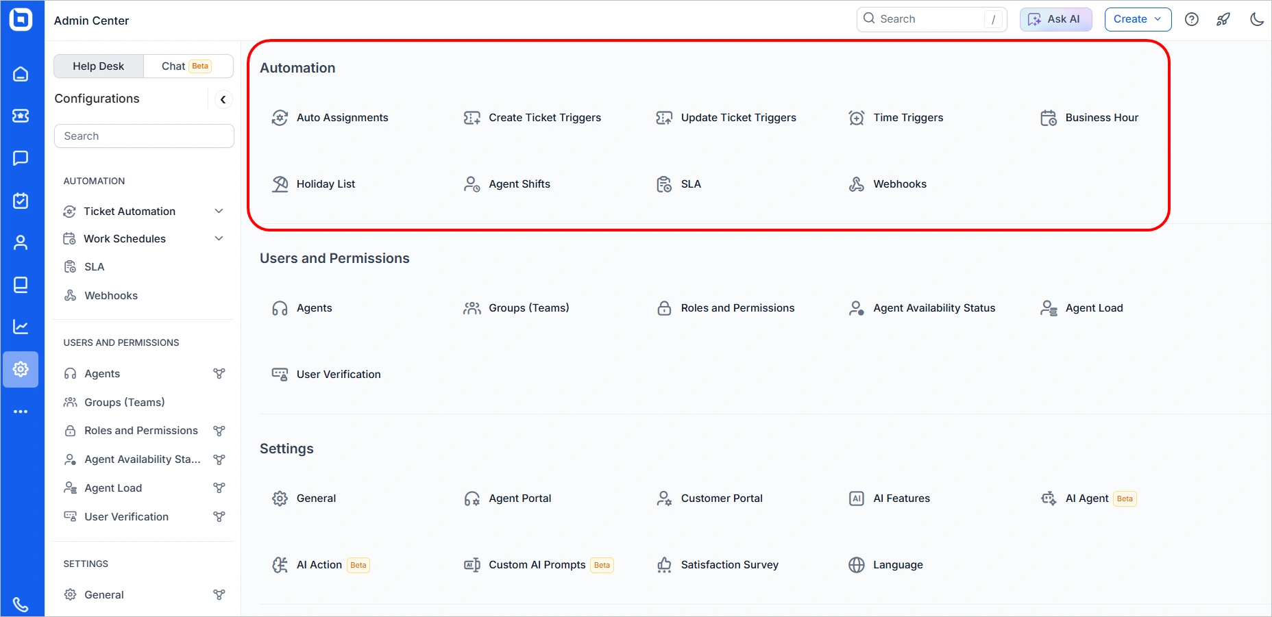 BoldDesk interface showing customer support operations automation with ticket triggers, SLAs, agent shifts, and workflows.