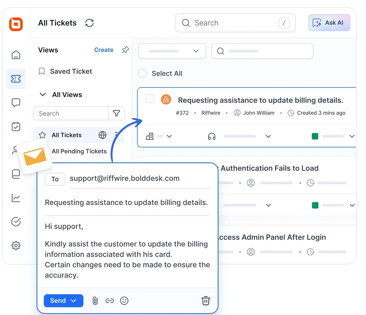 BoldDesk ticketing system interface showing an email draft requesting billing updates, linked to a ticket