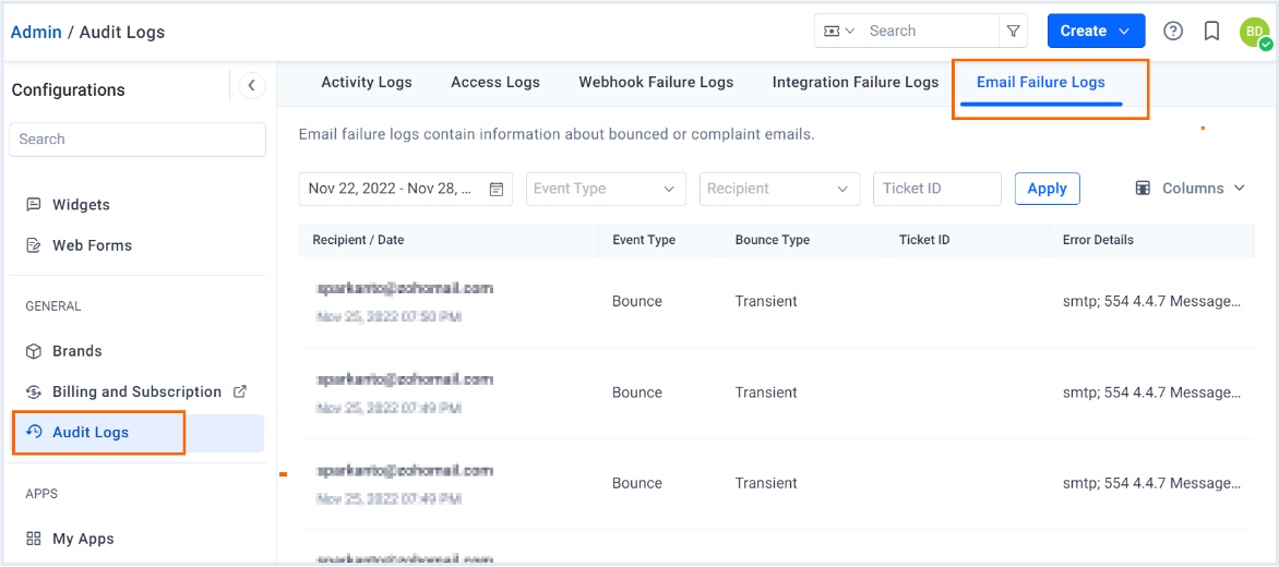 Email failure logs interface showing bounced emails with error details, filters, and highlighted Email Failure Logs tab