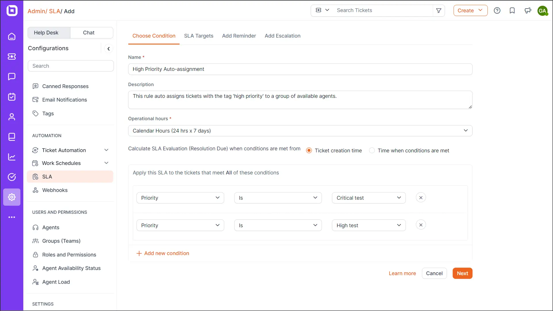 BoldDesk SLA targets setup showing response time, resolution time, and priority-based service level agreement rules