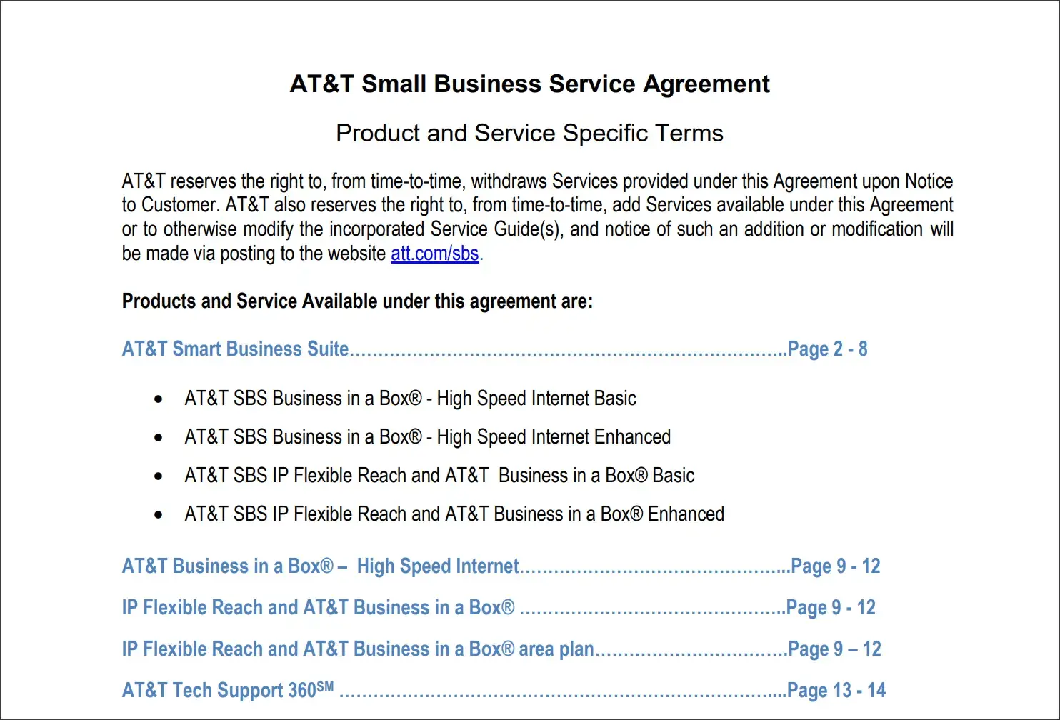 AT&T small business service level agreement example outlining SLA terms, service scope, and support commitments
