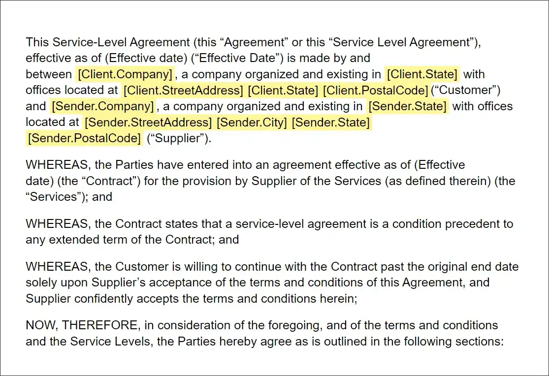 Service level agreement contract template example similar to PandaDoc SLA template with legal terms and conditions