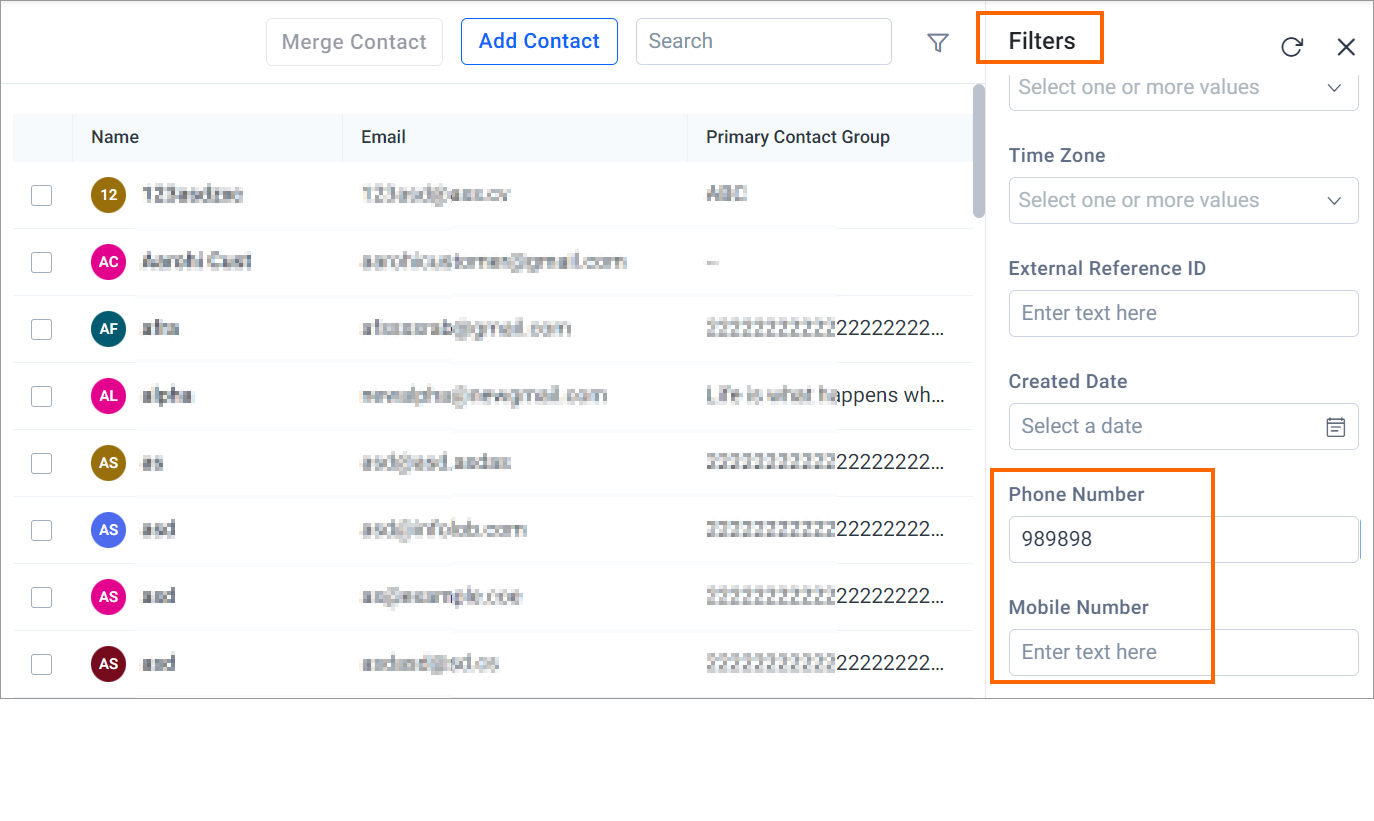 Contact management interface with list of names and emails; options to add, search, filter; phone input fields on right. 