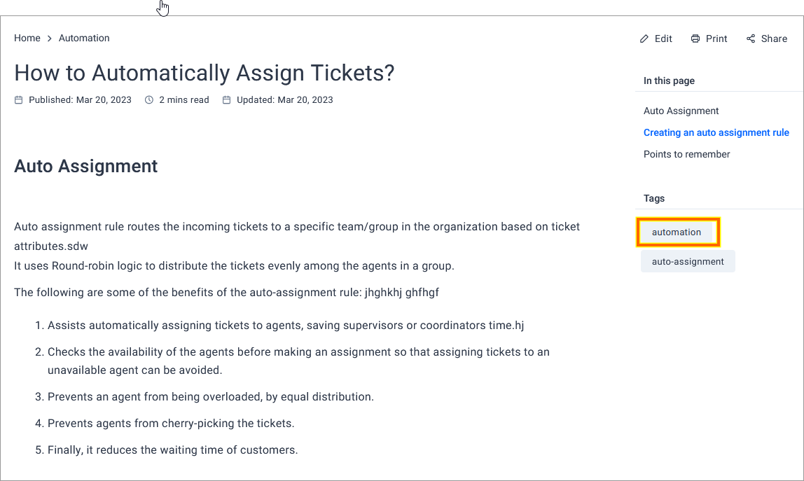Webpage titled “How to Automatically Assign Tickets?” with benefits list, automation tag, and March 20, 2023 publish date.
