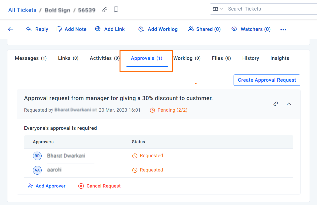 Task interface with Approvals tab highlighted; main panel shows a pending request for 30% discount awaiting review.