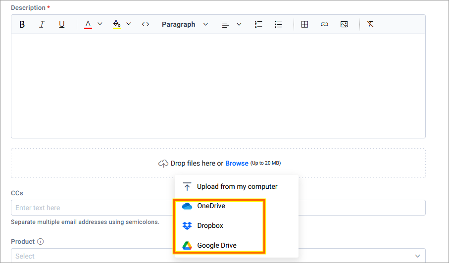 Email compose window with formatting tools and file upload menu featuring OneDrive, Dropbox, and Google Drive options.